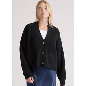 Everlane Organic Cotton Fisherman Boxy Cropped Cardigan Relax Black Sz S